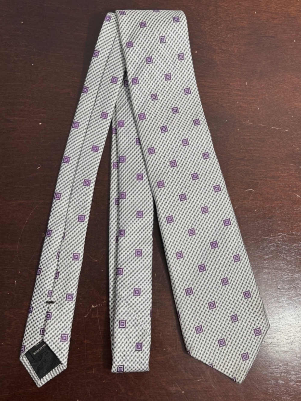 Canali Neck Tie 100% Silk Italy 59"L / 3.25"W Purple White Geometric
